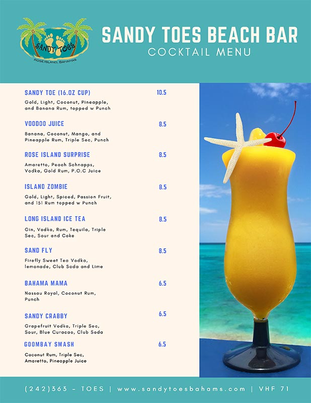 Sandy Toes Beach Bar Bar Menu